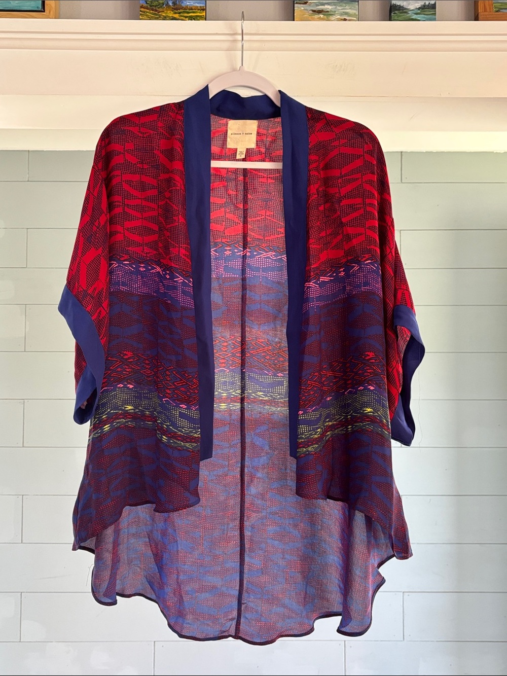 silence + noise Red and Navy Sheer Open Kimono